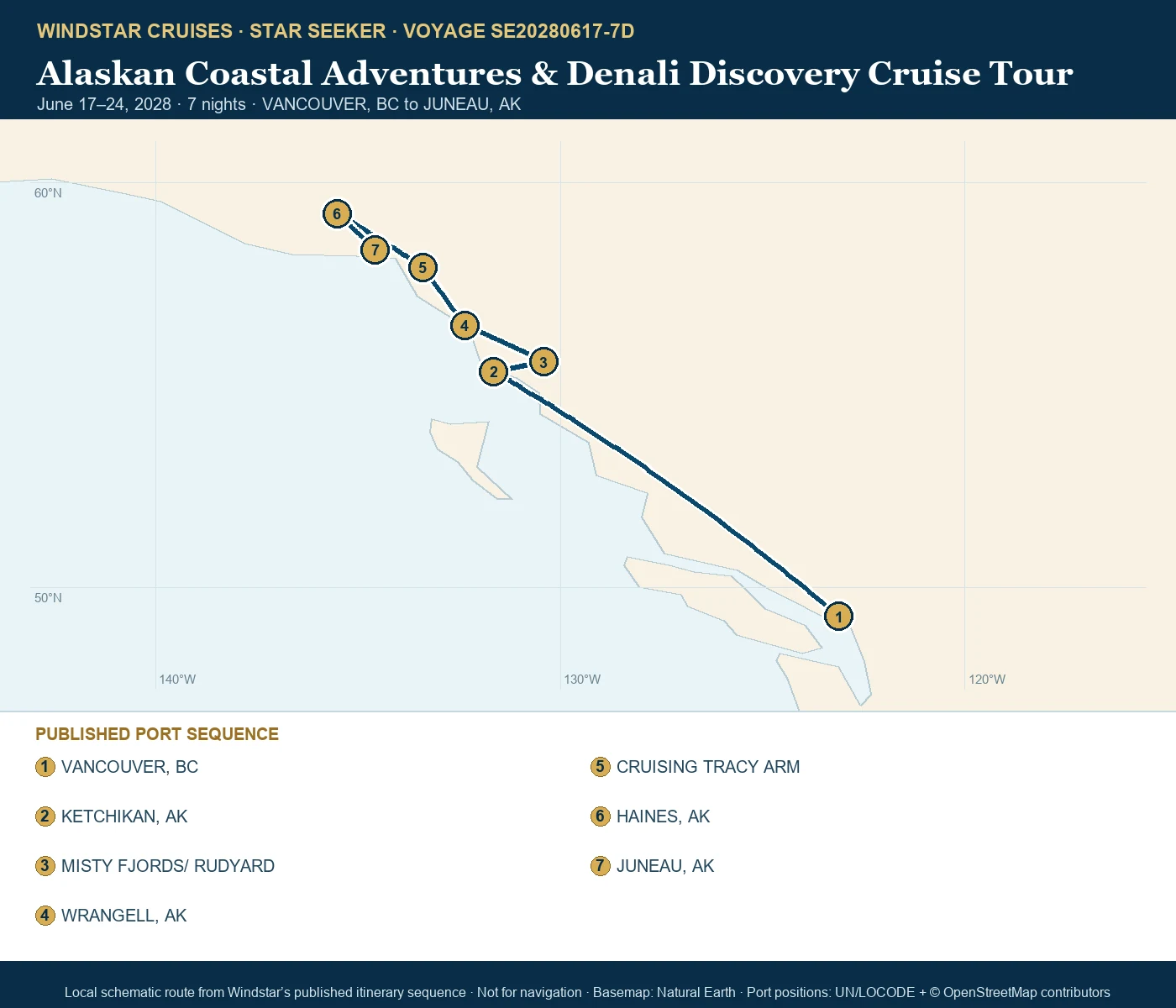 Star Seeker June 17-24 2028 route map from VANCOUVER, BC to JUNEAU, AK