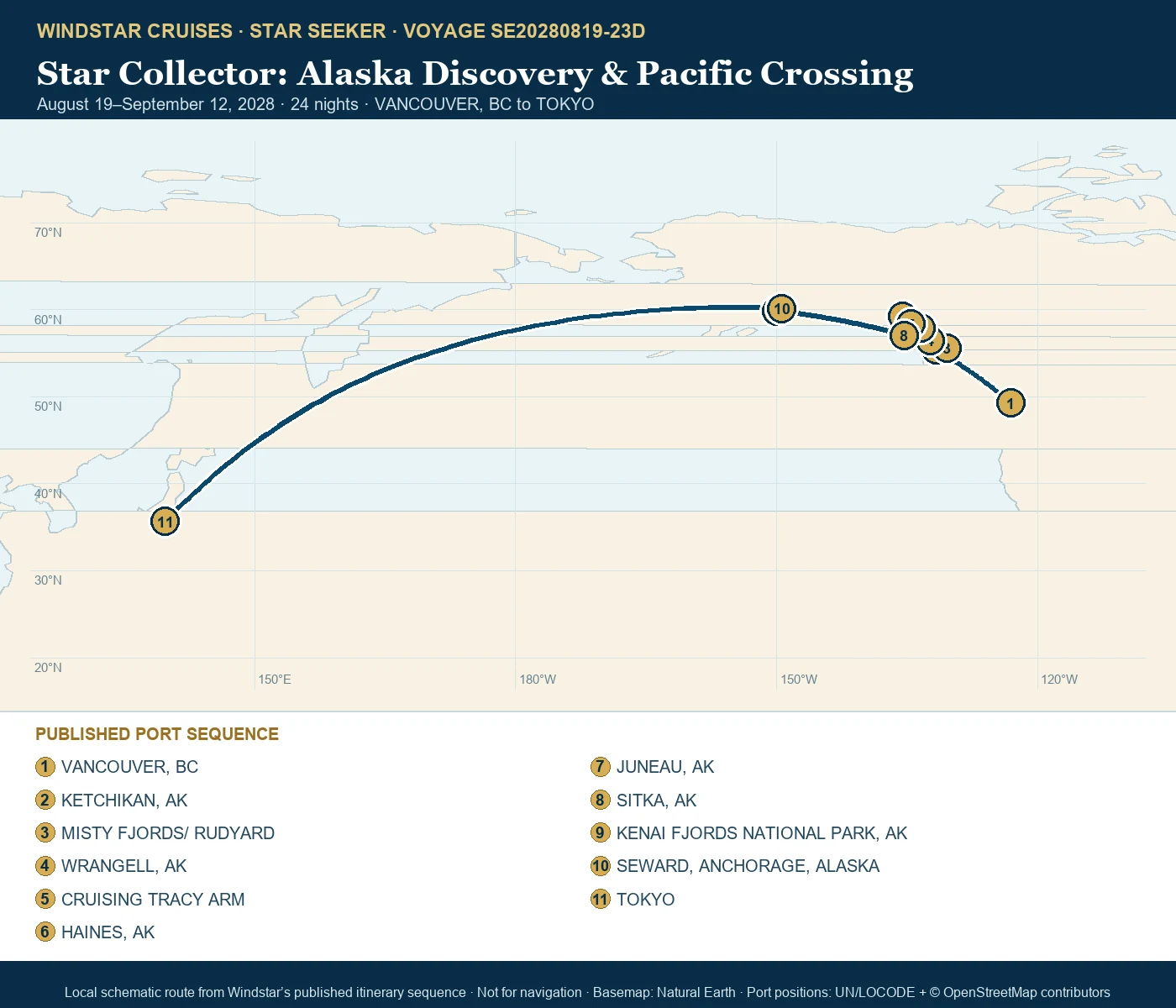 Star Seeker August 19-September 12 2028 route map from VANCOUVER, BC to TOKYO