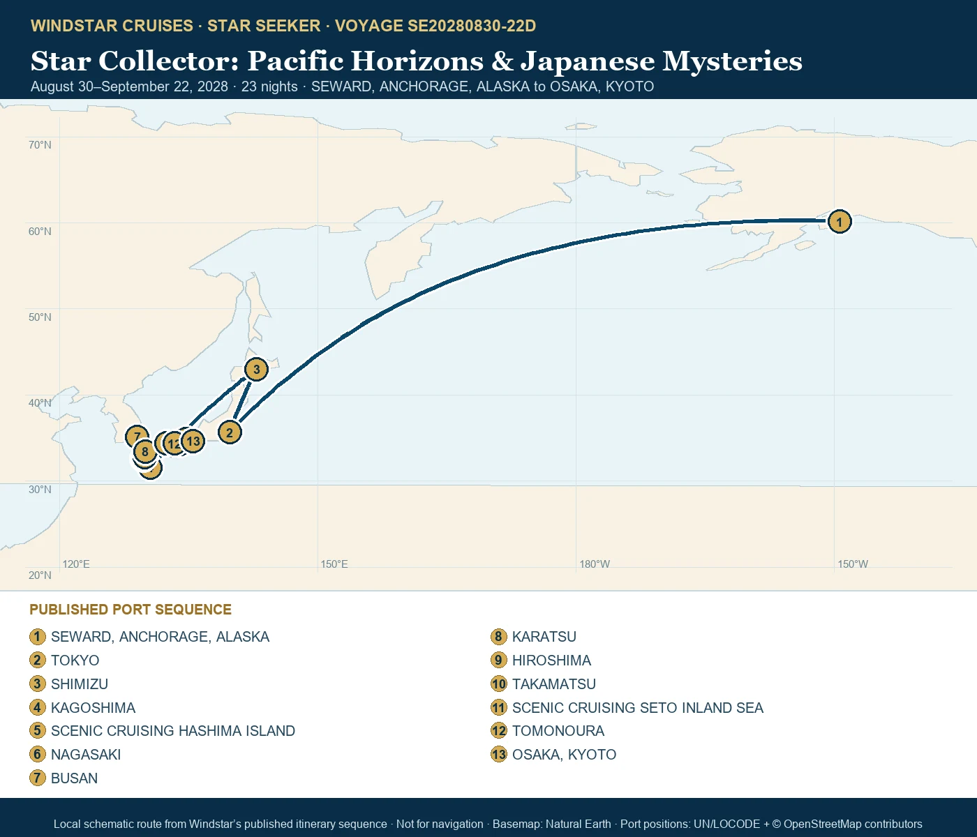 Star Seeker August 30-September 22 2028 route map from SEWARD, ANCHORAGE, ALASKA to OSAKA, KYOTO