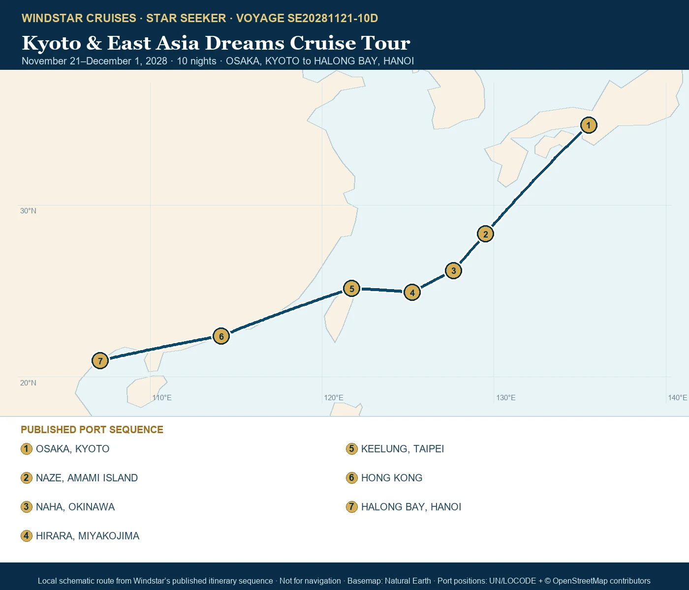Star Seeker November 21-December 1 2028 route map from OSAKA, KYOTO to HALONG BAY, HANOI