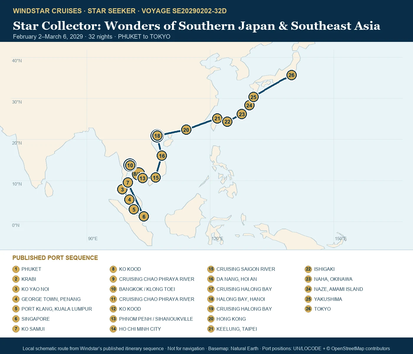 Star Seeker February 2-March 6 2029 route map from PHUKET to TOKYO