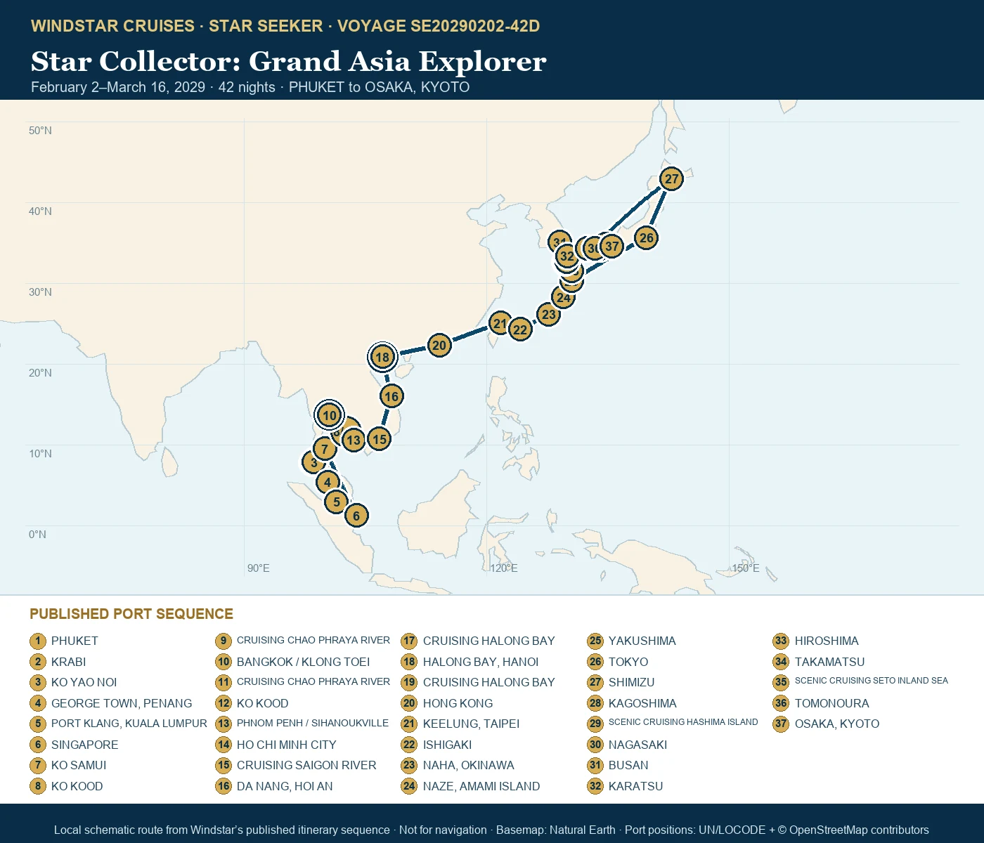 Star Seeker February 2-March 16 2029 route map from PHUKET to OSAKA, KYOTO