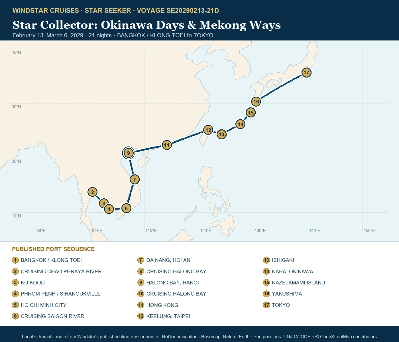 Star Seeker February 13-March 6 2029 route map from BANGKOK / KLONG TOEI to TOKYO