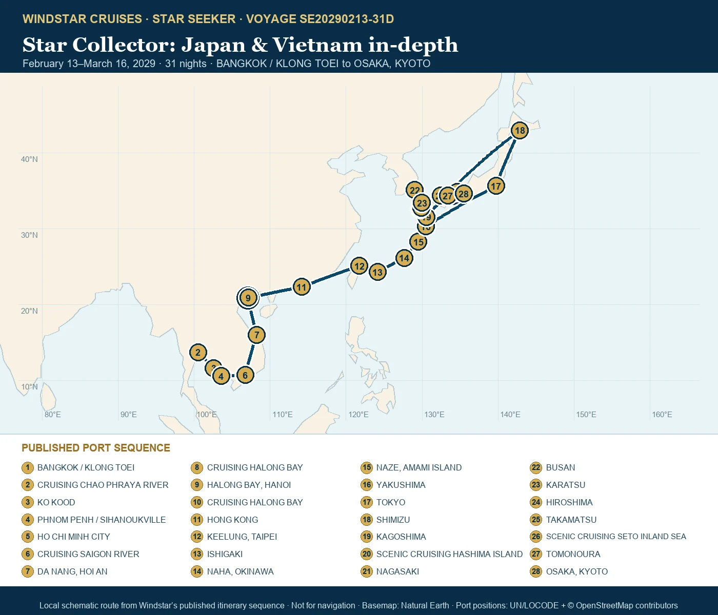 Star Seeker February 13-March 16 2029 route map from BANGKOK / KLONG TOEI to OSAKA, KYOTO
