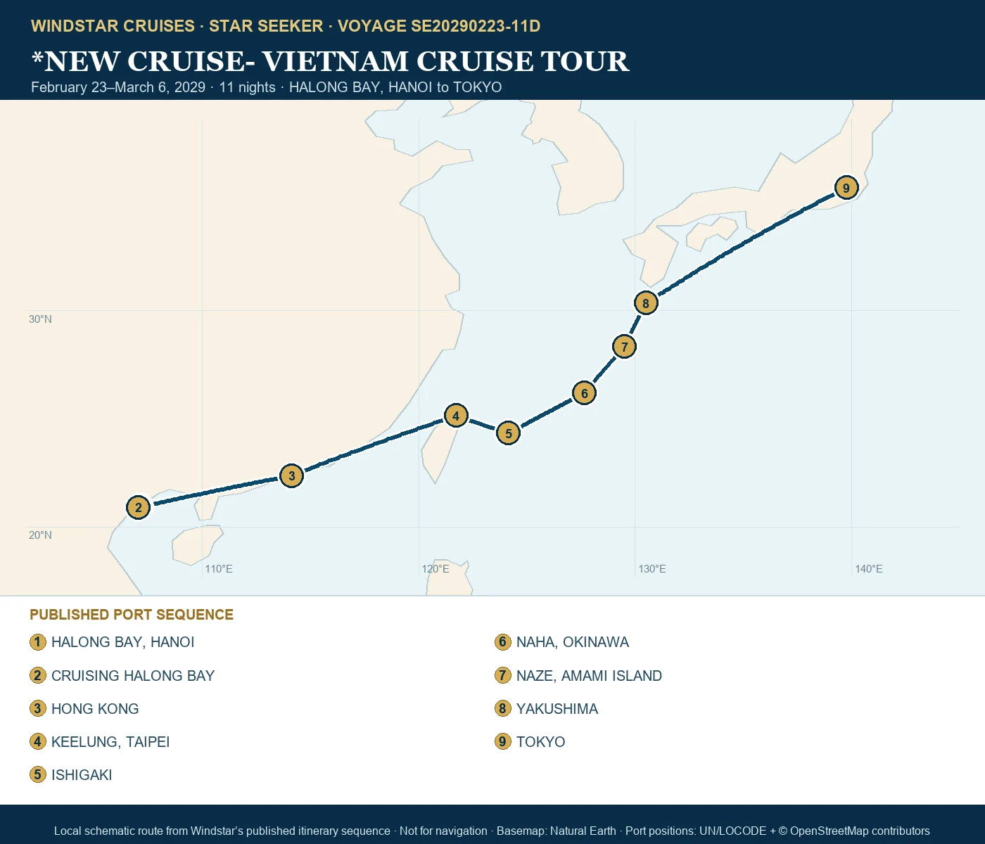 Star Seeker February 23-March 6 2029 route map from HALONG BAY, HANOI to TOKYO