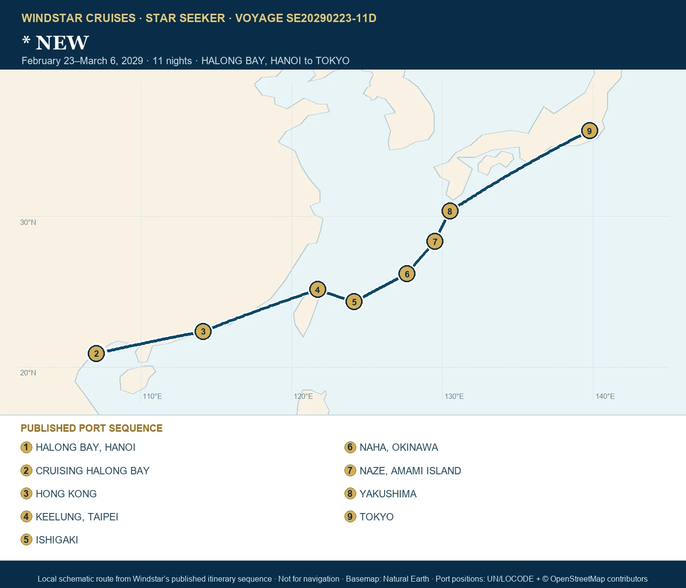 Star Seeker February 23-March 6 2029 route map from HALONG BAY, HANOI to TOKYO