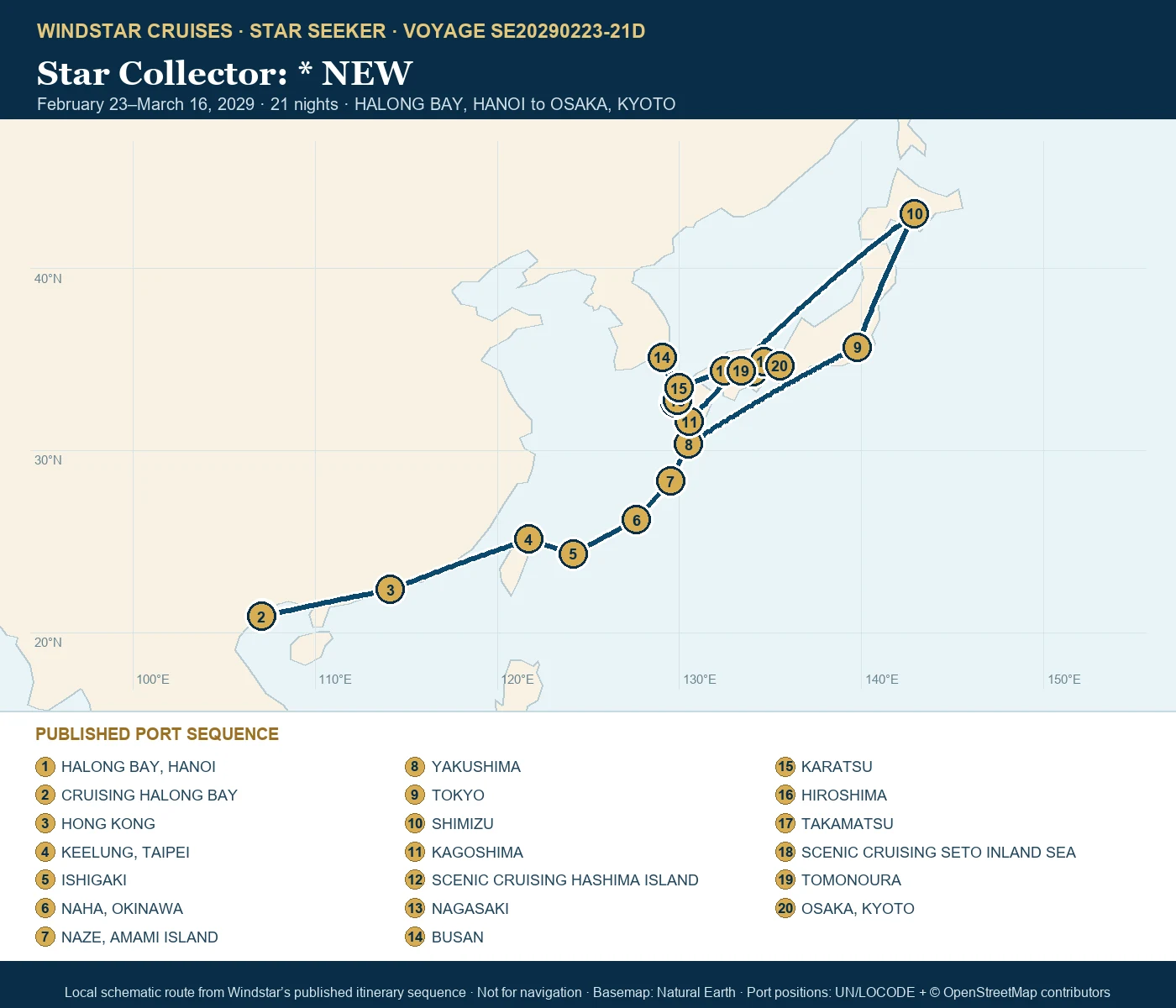 Star Seeker February 23-March 16 2029 route map from HALONG BAY, HANOI to OSAKA, KYOTO