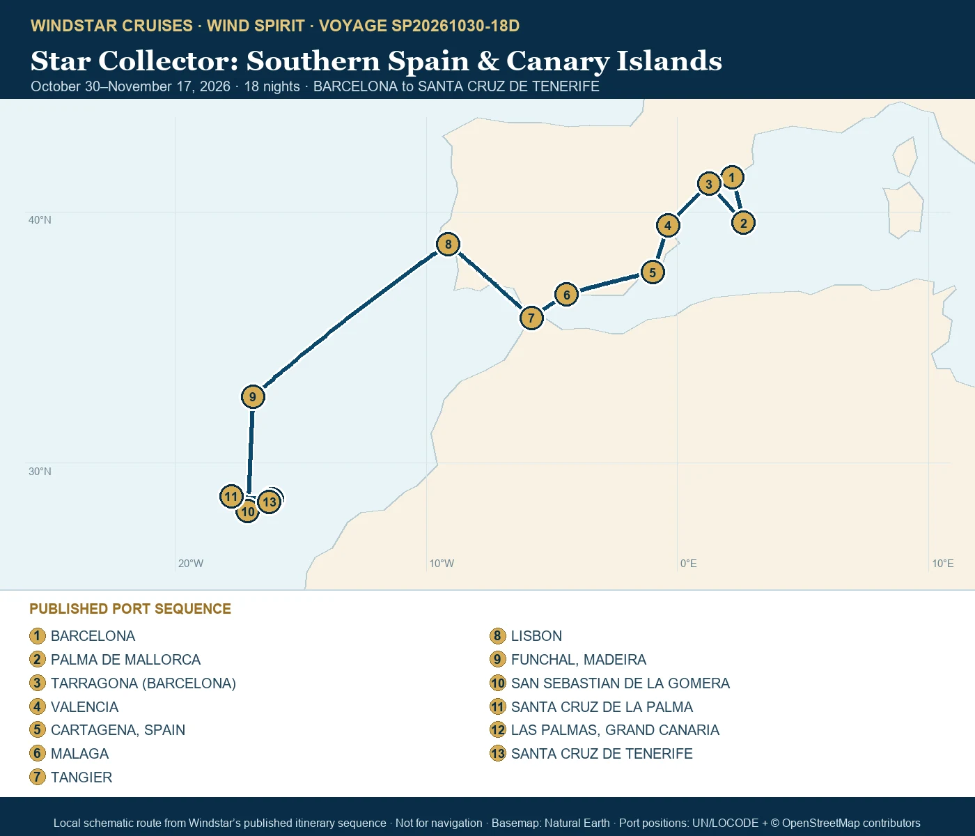 Wind Spirit October 30-November 17 2026 route map from BARCELONA to SANTA CRUZ DE TENERIFE