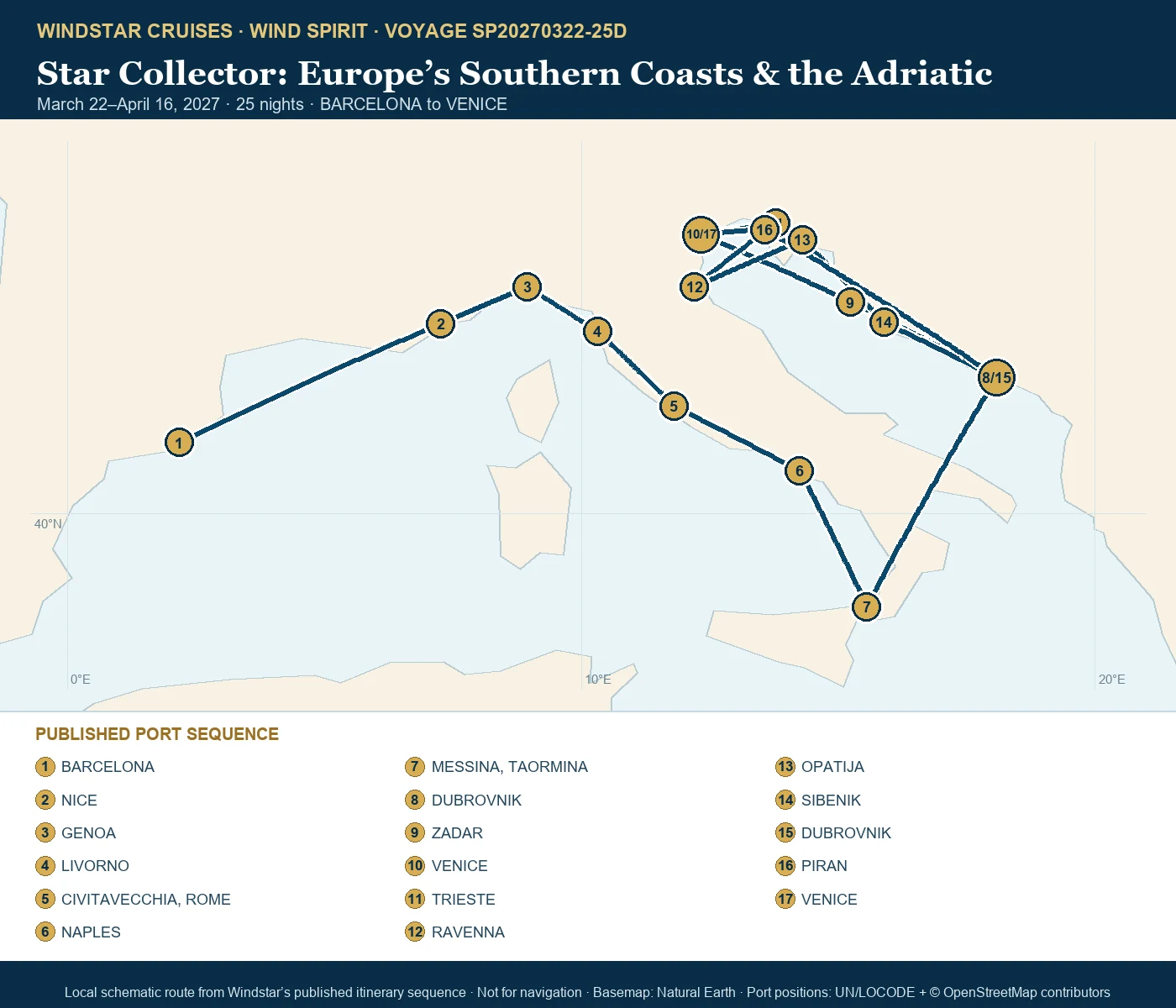 Wind Spirit March 22-April 16 2027 route map from BARCELONA to VENICE