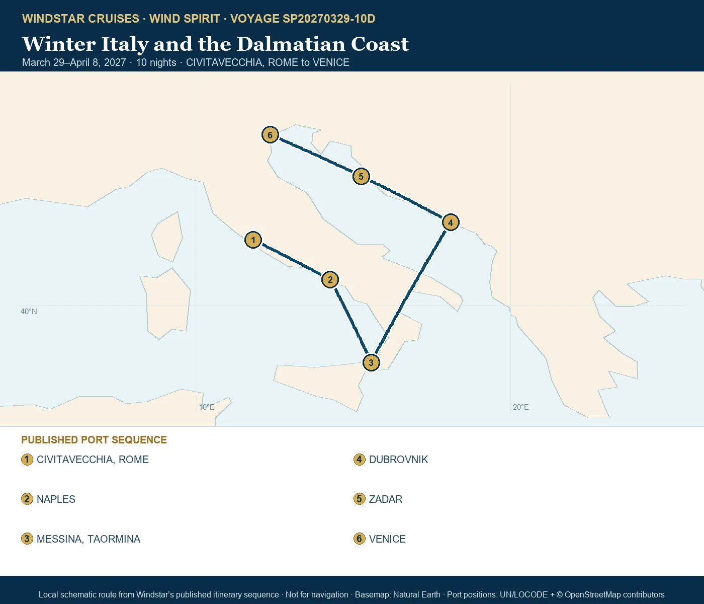 Wind Spirit March 29-April 8 2027 route map from CIVITAVECCHIA, ROME to VENICE