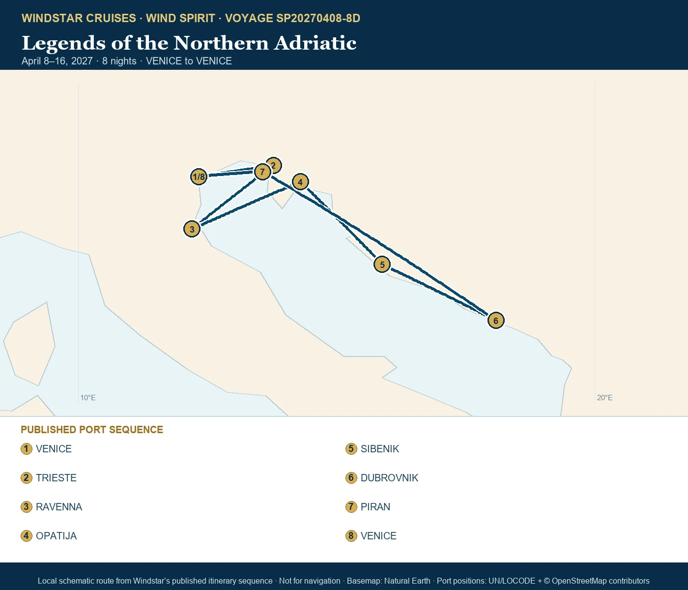 Wind Spirit April 8-16 2027 route map from VENICE to VENICE