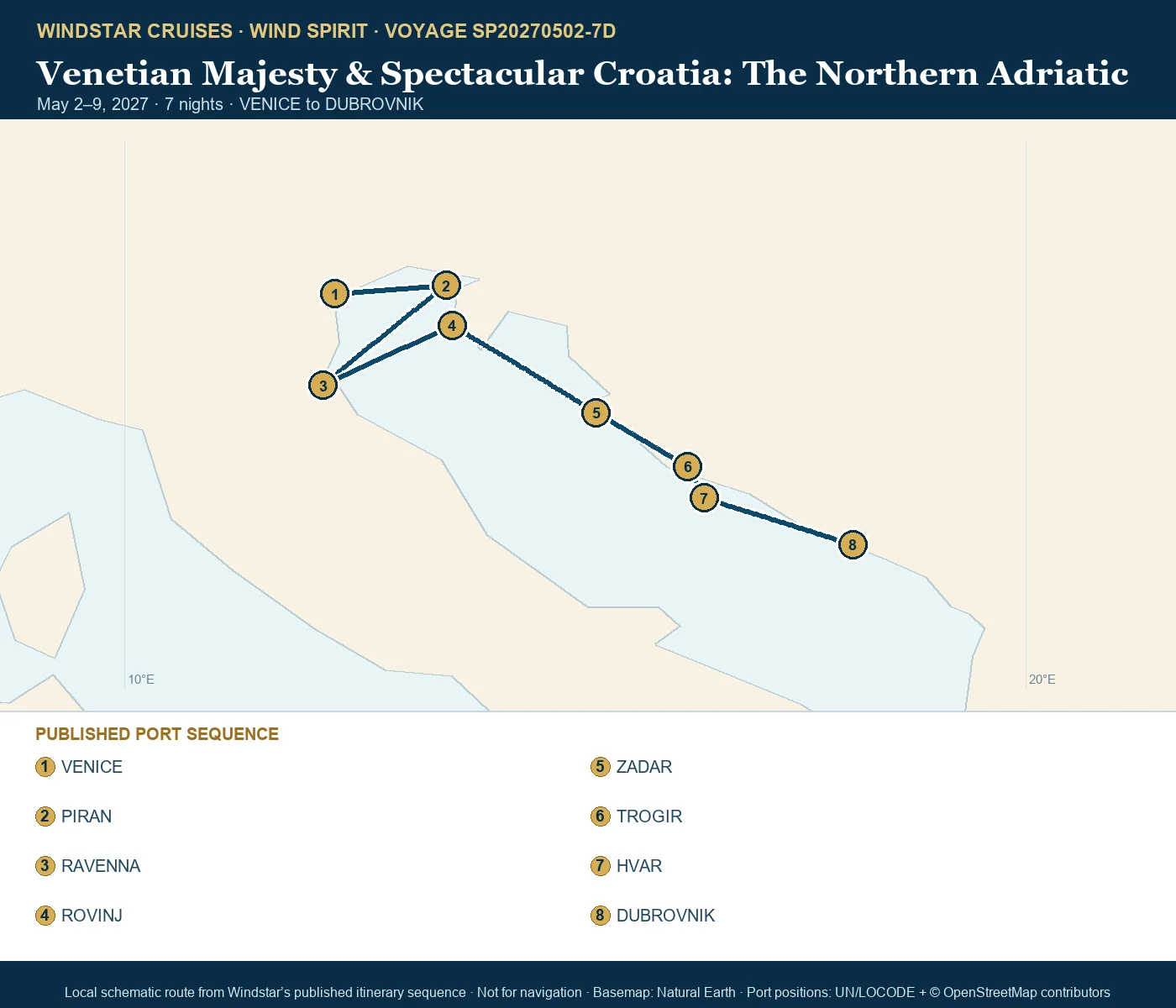 Wind Spirit May 2-9 2027 route map from VENICE to DUBROVNIK