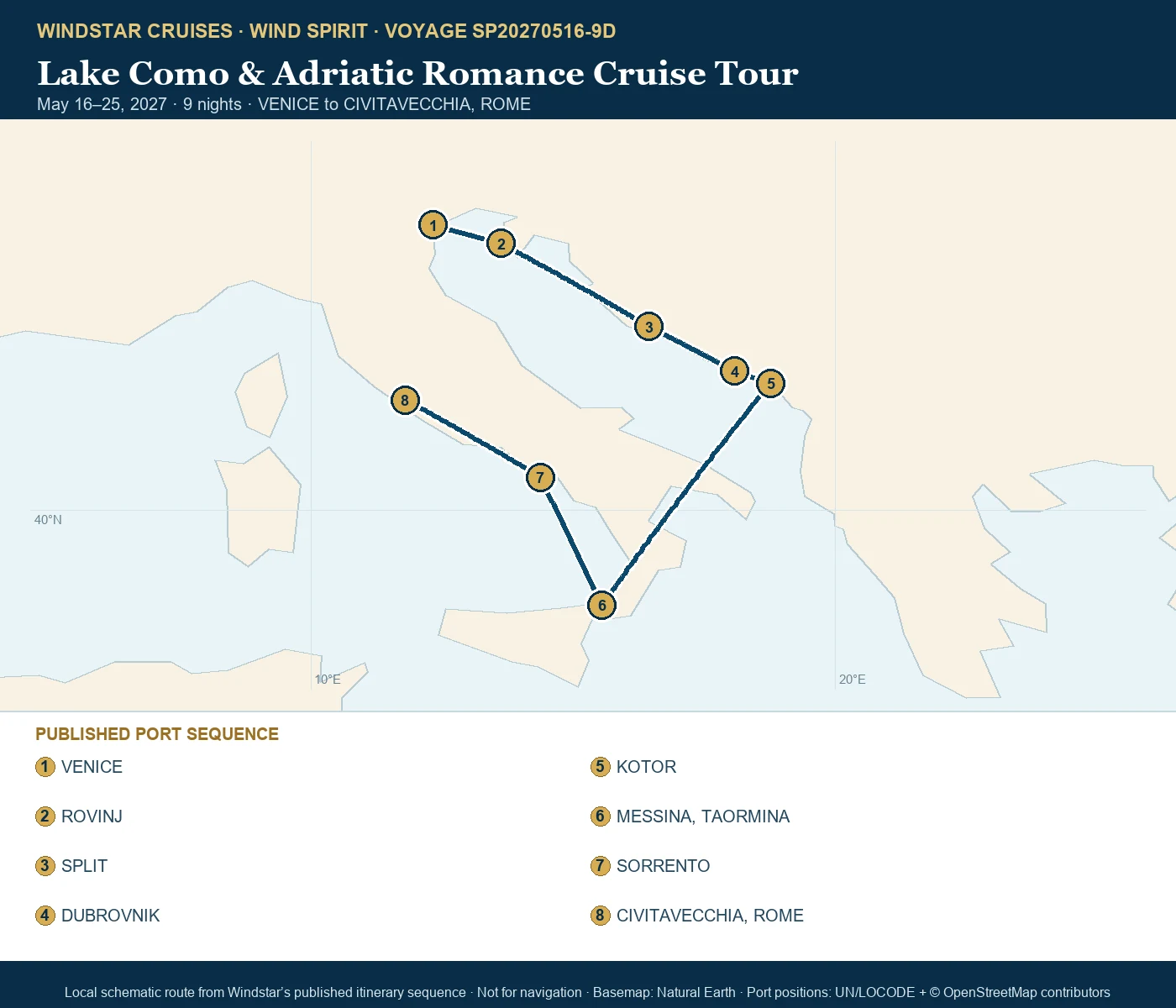Wind Spirit May 16-25 2027 route map from VENICE to CIVITAVECCHIA, ROME
