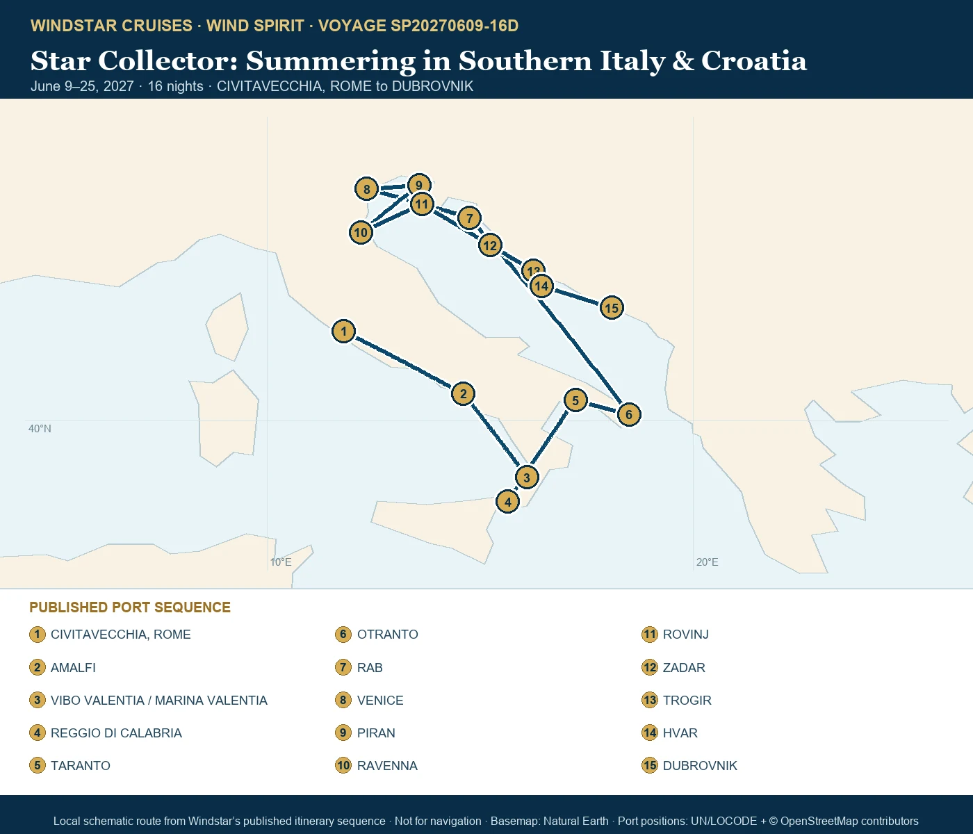 Wind Spirit June 9-25 2027 route map from CIVITAVECCHIA, ROME to DUBROVNIK