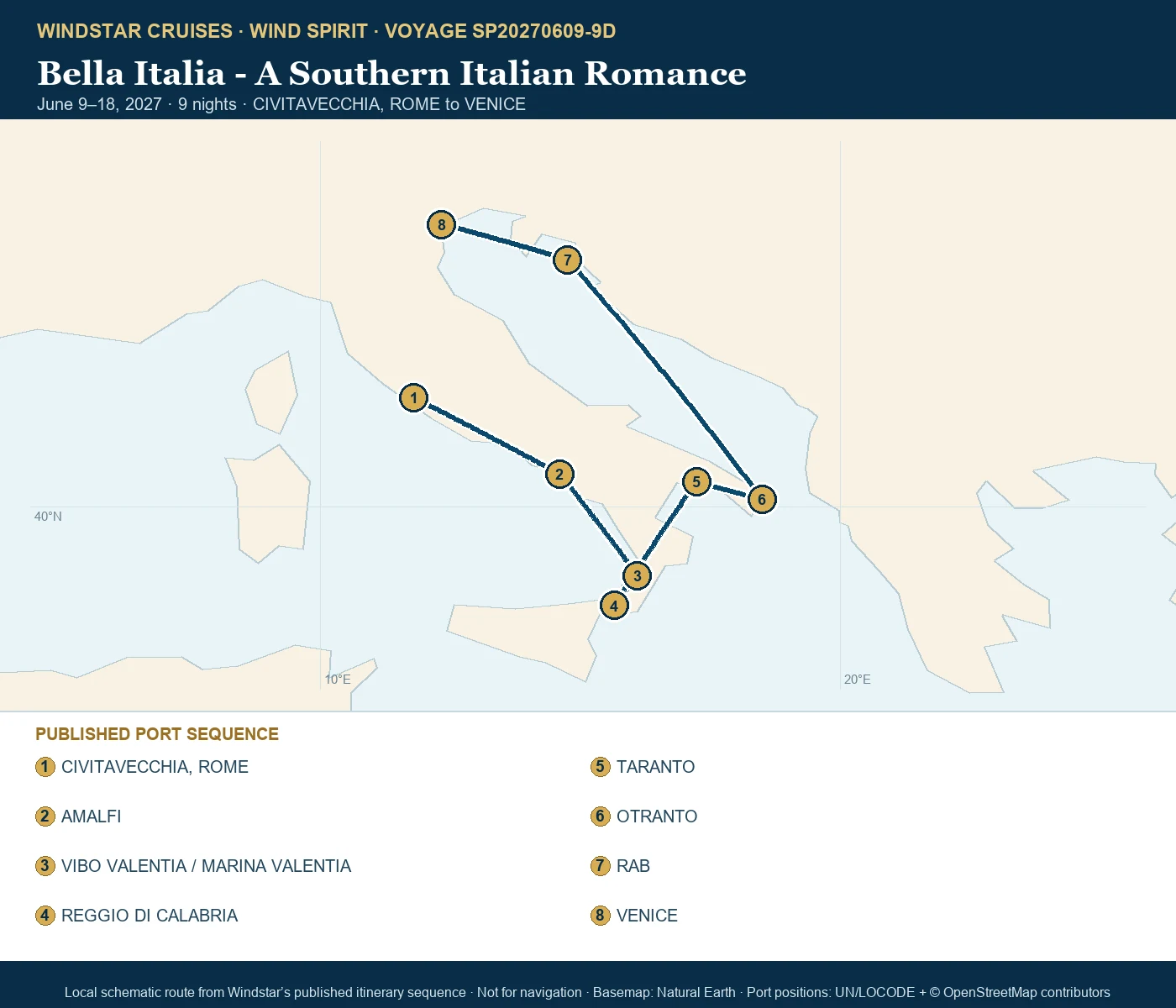Wind Spirit June 9-18 2027 route map from CIVITAVECCHIA, ROME to VENICE