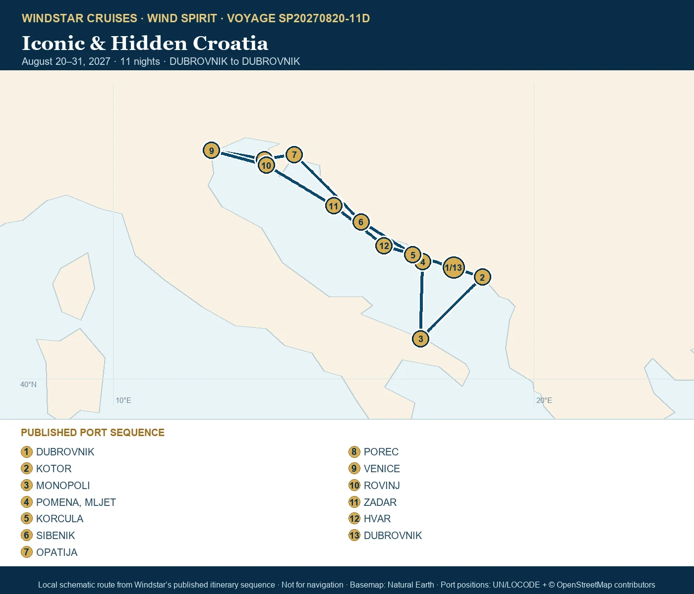 Wind Spirit August 20-31 2027 route map from DUBROVNIK to DUBROVNIK