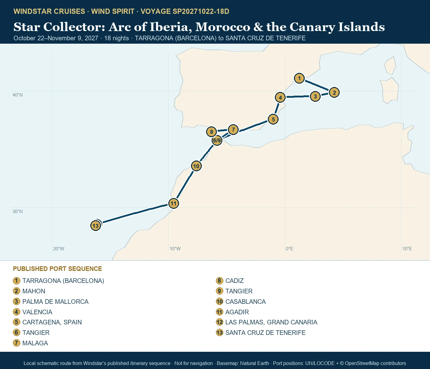 Wind Spirit October 22-November 9 2027 route map from TARRAGONA (BARCELONA) to SANTA CRUZ DE TENERIFE