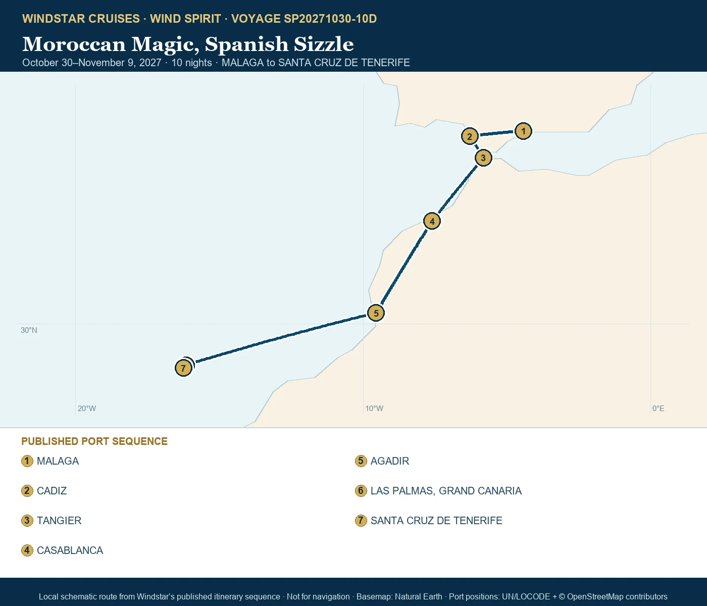 Wind Spirit October 30-November 9 2027 route map from MALAGA to SANTA CRUZ DE TENERIFE