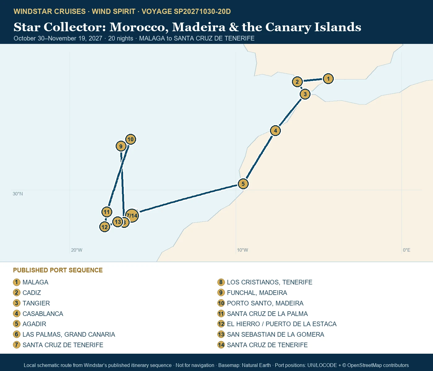 Wind Spirit October 30-November 19 2027 route map from MALAGA to SANTA CRUZ DE TENERIFE