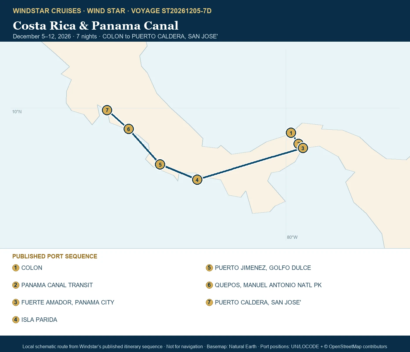 Wind Star December 5-12 2026 route map from COLON to PUERTO CALDERA, SAN JOSE'