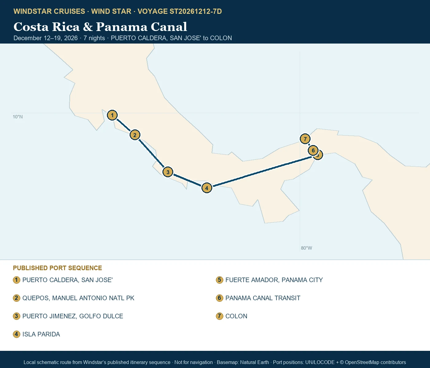 Wind Star December 12-19 2026 route map from PUERTO CALDERA, SAN JOSE' to COLON