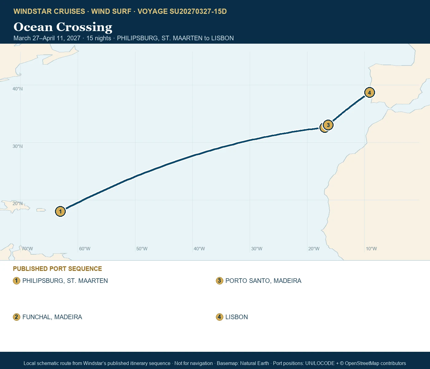 Wind Surf March 27-April 11 2027 route map from PHILIPSBURG, ST. MAARTEN to LISBON