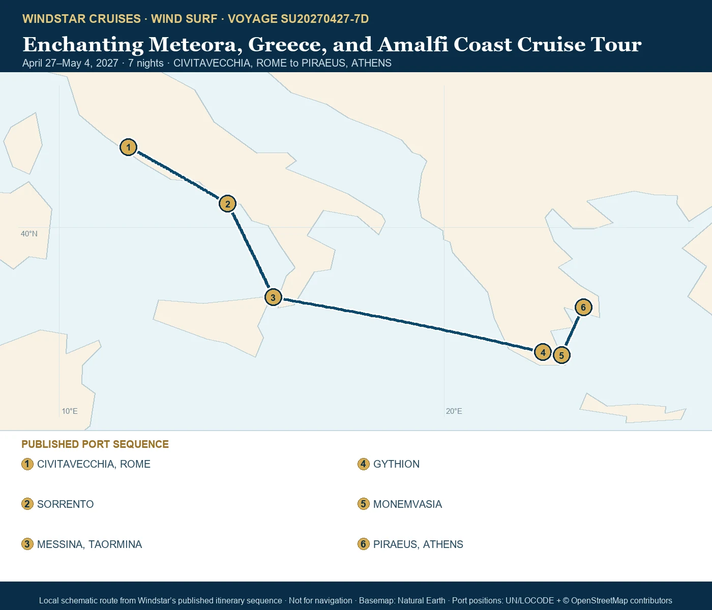 Wind Surf April 27-May 4 2027 route map from CIVITAVECCHIA, ROME to PIRAEUS, ATHENS