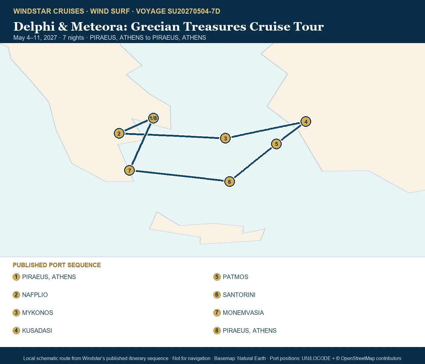 Wind Surf May 4-11 2027 route map from PIRAEUS, ATHENS to PIRAEUS, ATHENS