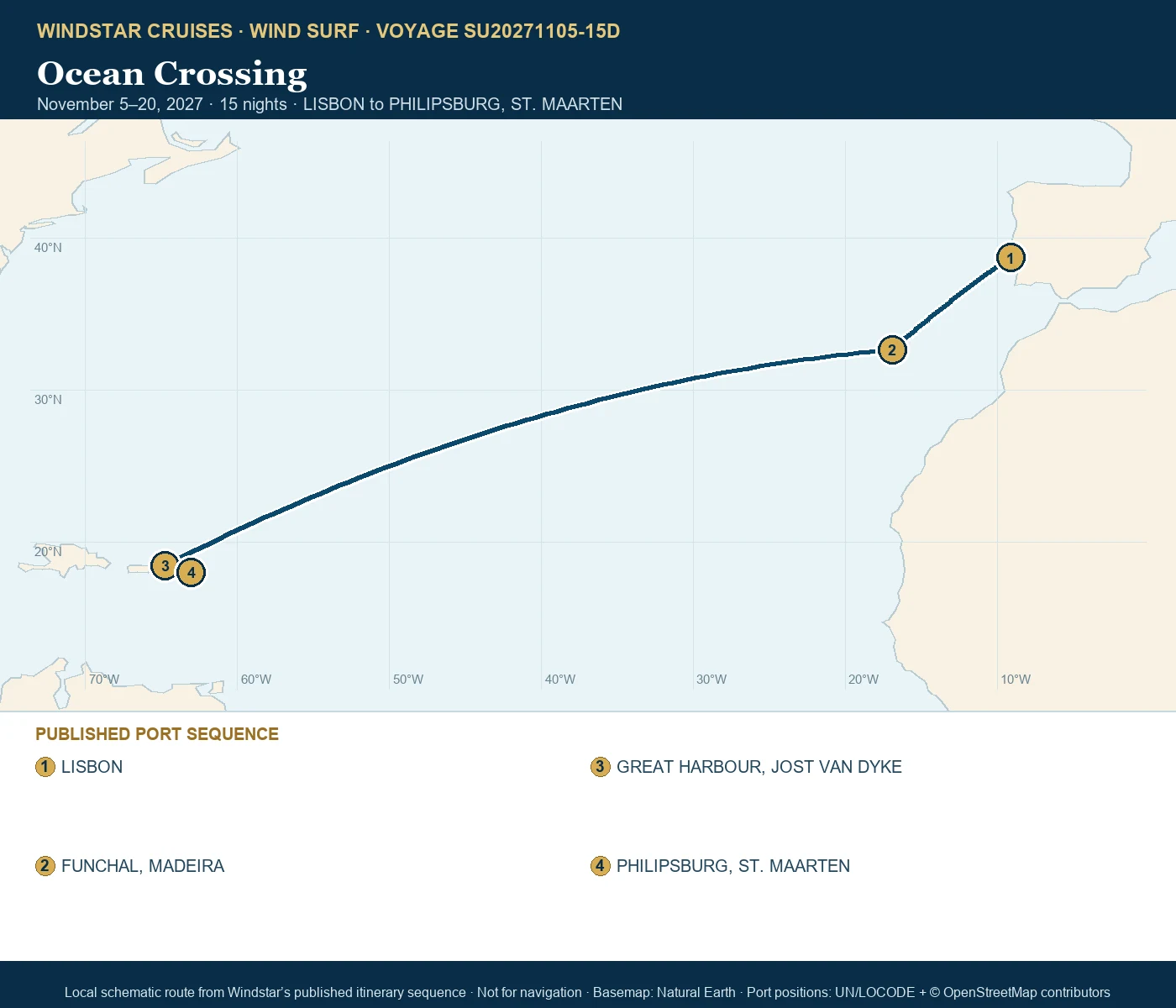 Wind Surf November 5-20 2027 route map from LISBON to PHILIPSBURG, ST. MAARTEN