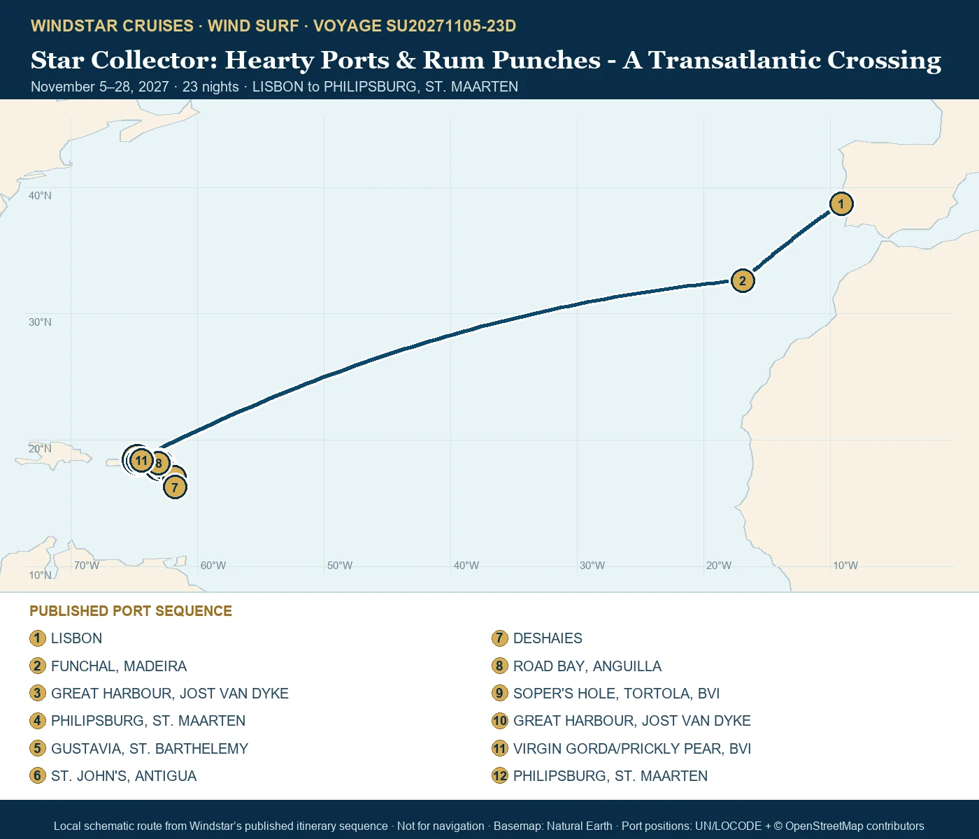 Wind Surf November 5-28 2027 route map from LISBON to PHILIPSBURG, ST. MAARTEN