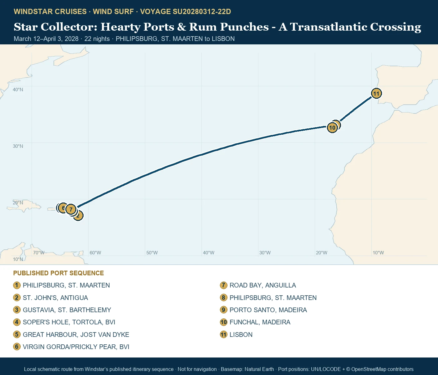 Wind Surf March 12-April 3 2028 route map from PHILIPSBURG, ST. MAARTEN to LISBON
