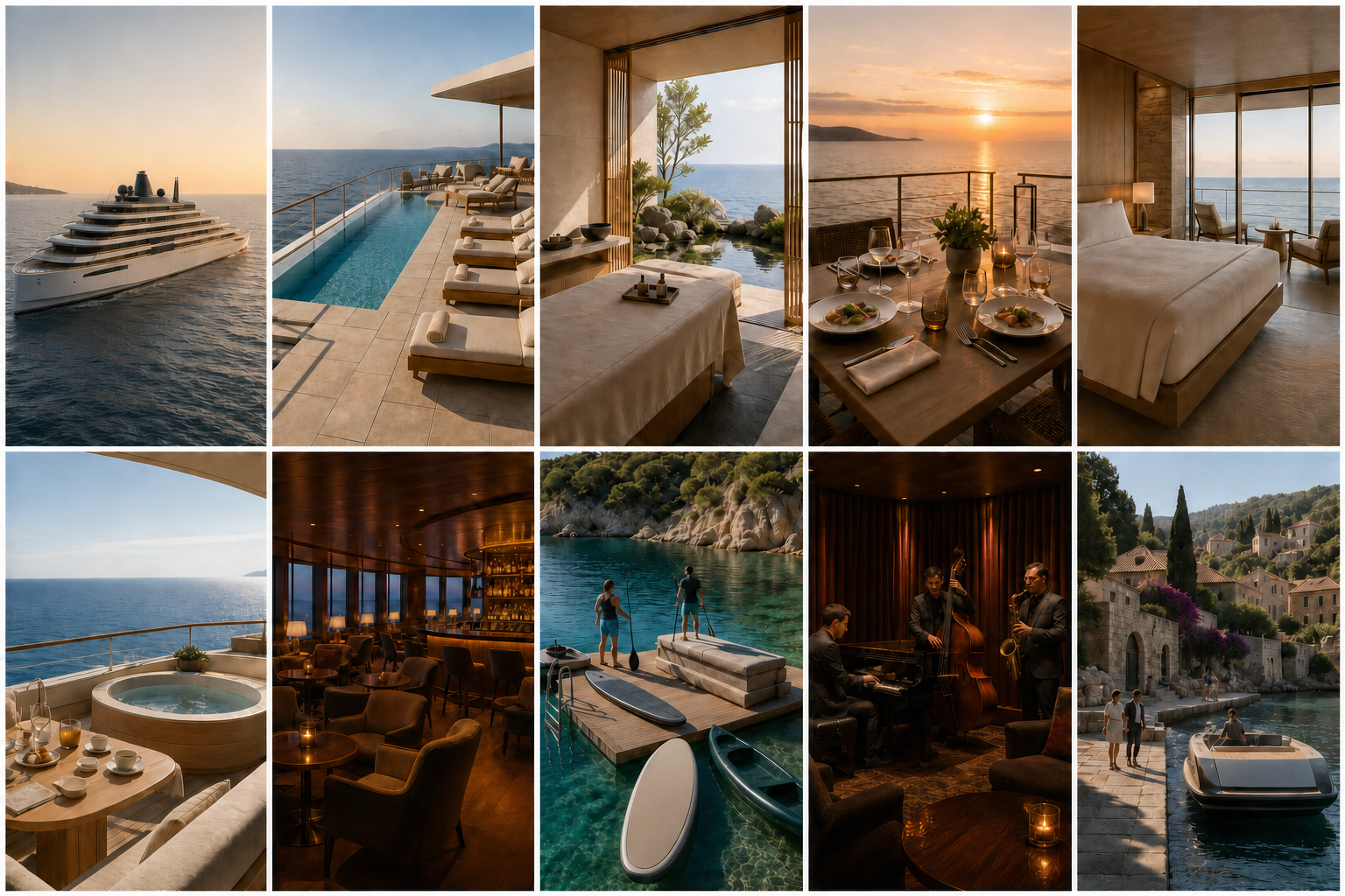 Ten-panel Aman luxury cruise inspiration collage featuring Amangati, its pool deck, ocean wellness, dining, suites, private terrace, lounge, marina, Jazz Club and Mediterranean discovery
