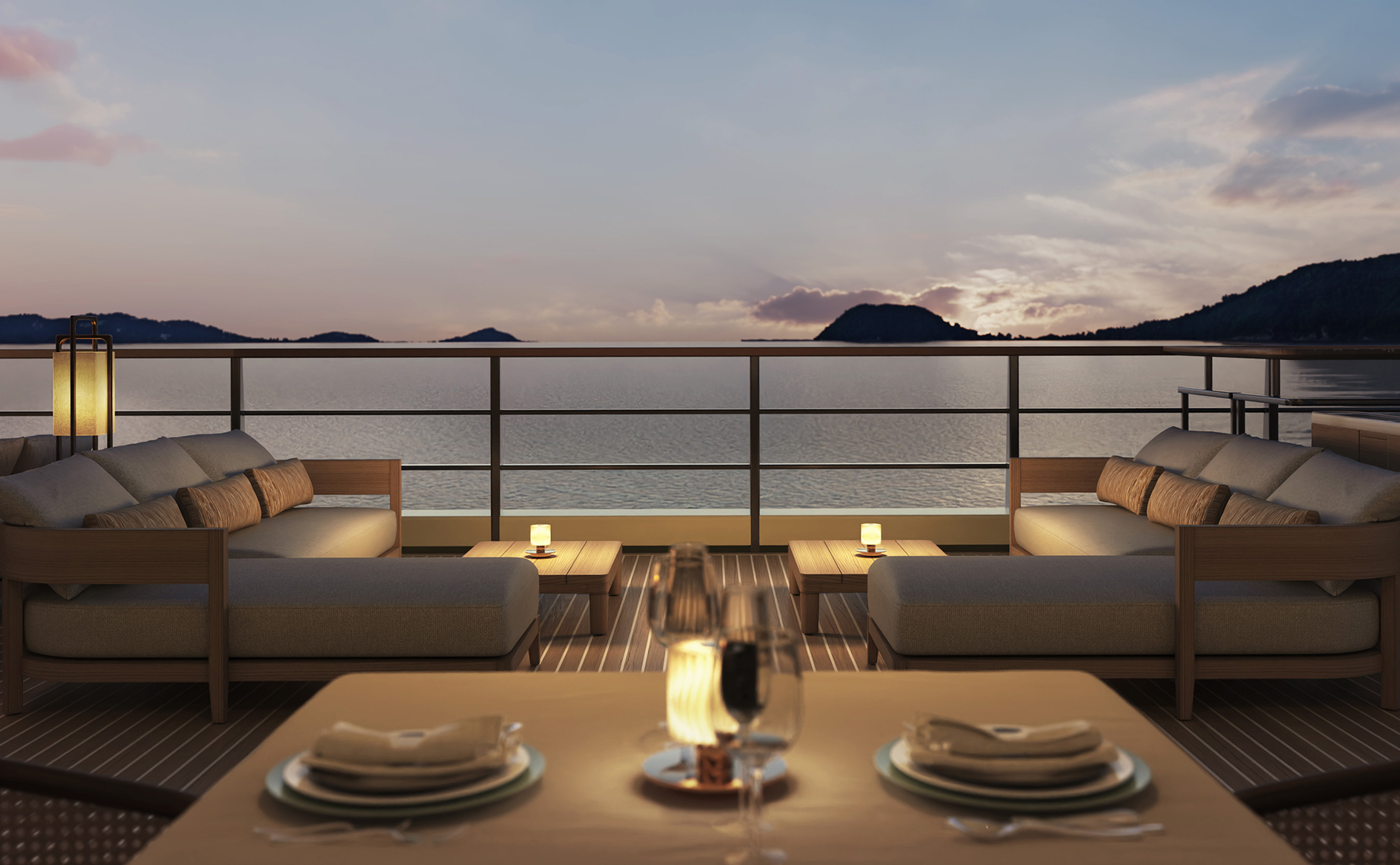 Evening ocean view from the Aman Grill terrace aboard Amangati