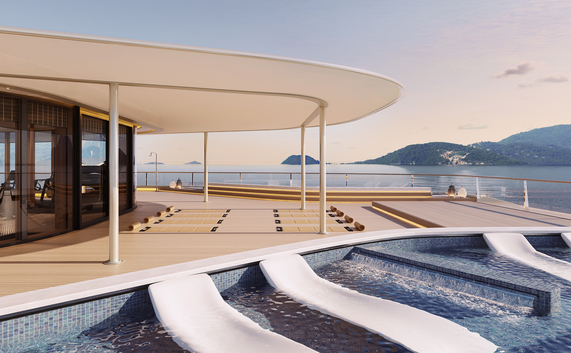 Ocean-facing yoga and meditation deck aboard Amangati