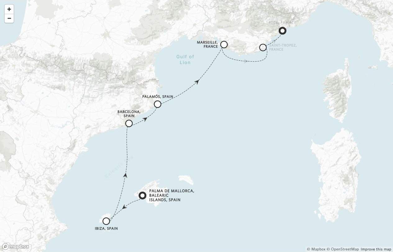 Amangati Voyage AG270507 itinerary route map from Palma de Mallorca, Balearic Islands, Spain to Nice, France
