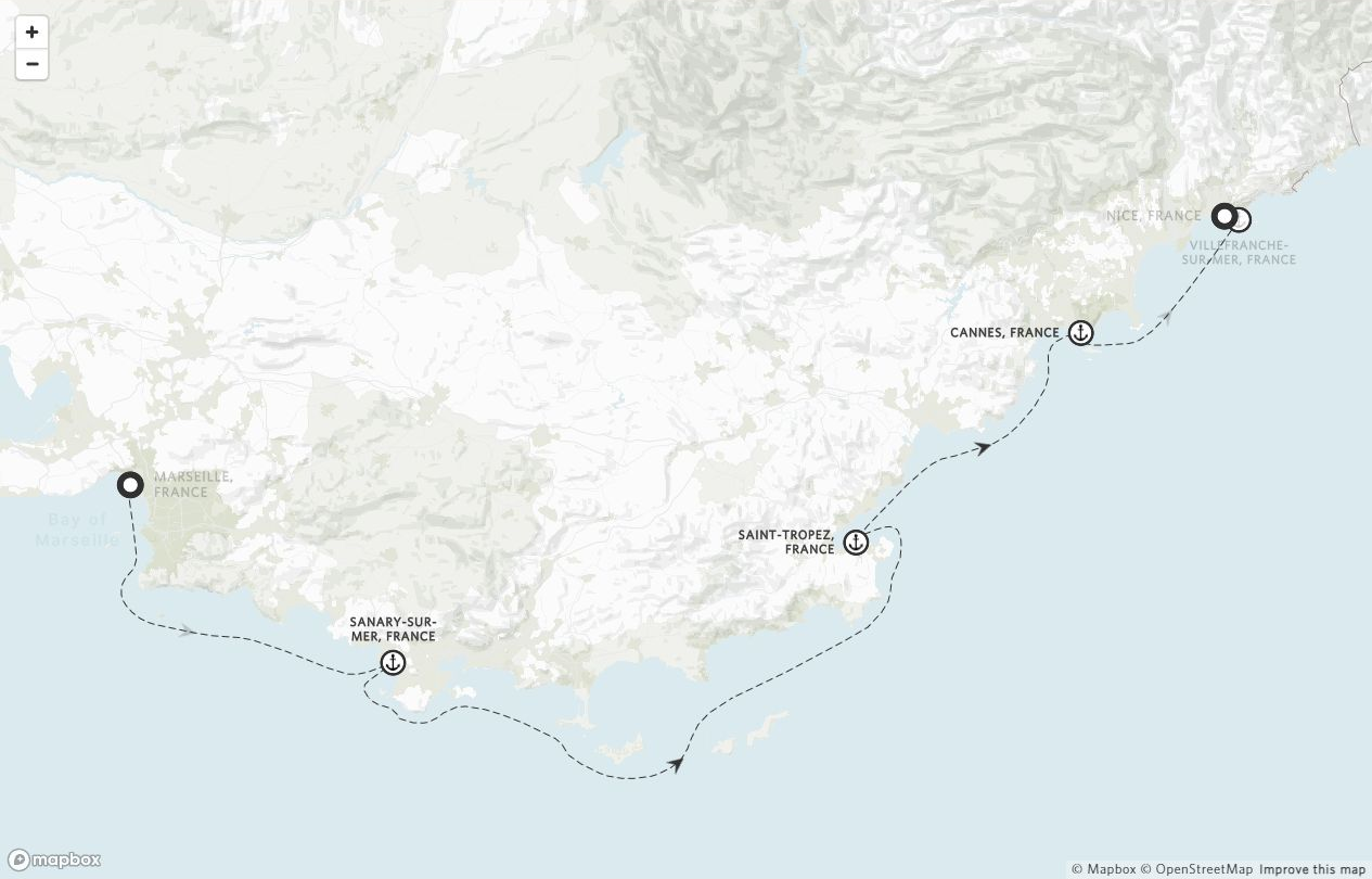 Amangati Voyage AG270527 itinerary route map from Marseille, France to Nice, France