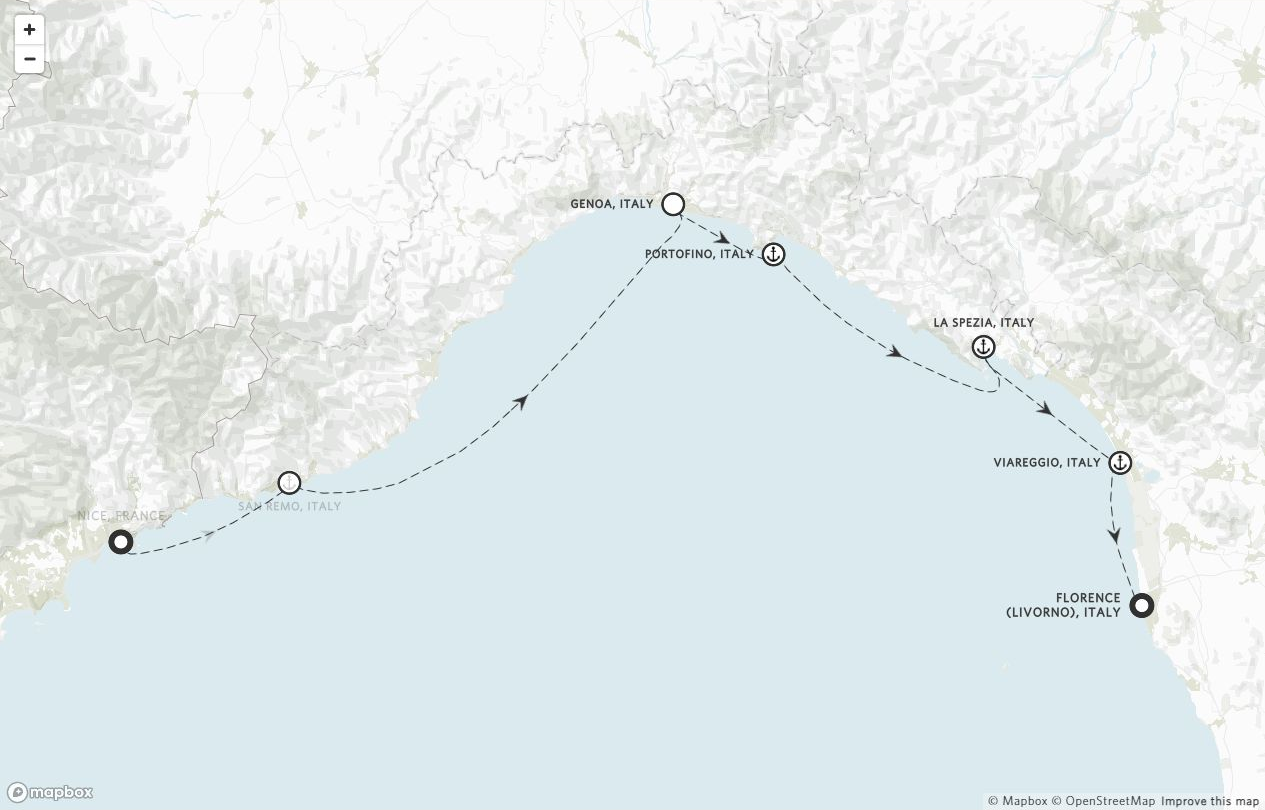 Amangati Voyage AG270607 itinerary route map from Nice, France to Florence (Livorno), Italy