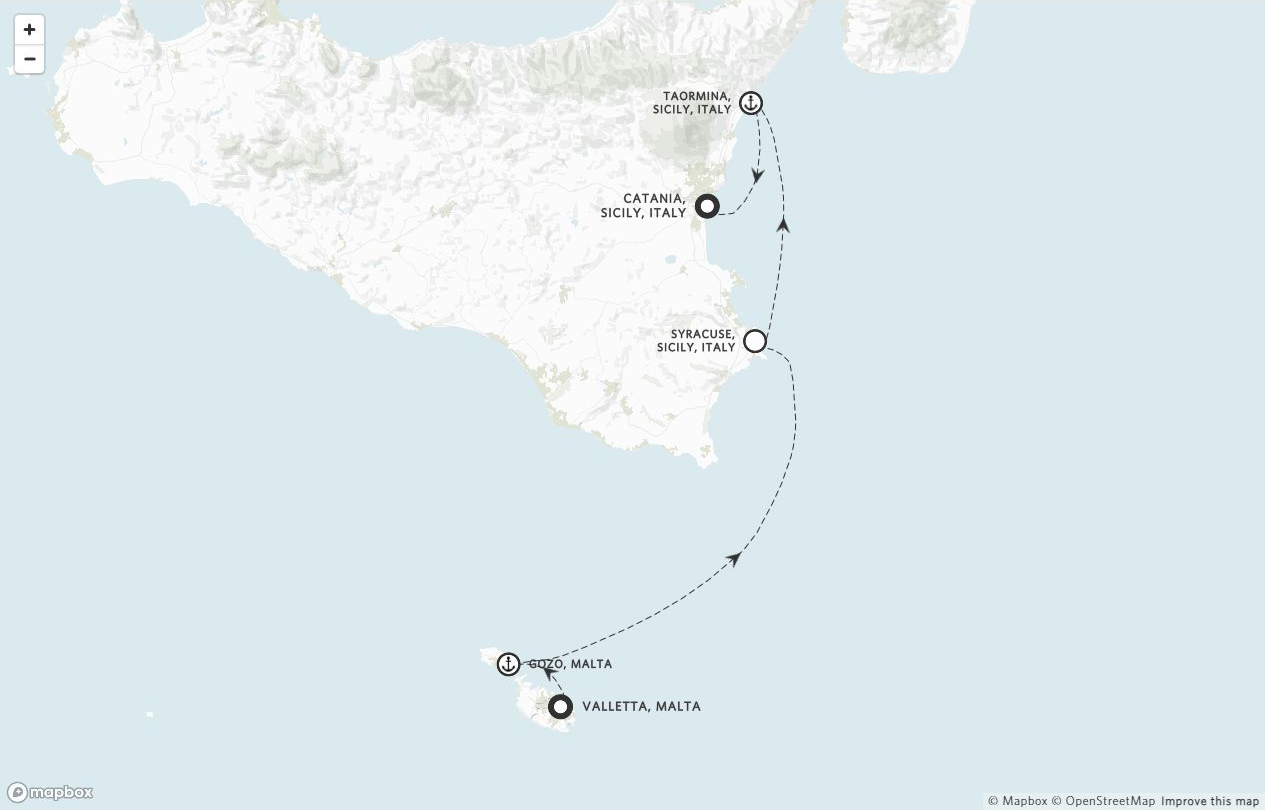 Amangati Voyage AG270717 itinerary route map from Valletta, Malta to Catania, Sicily, Italy