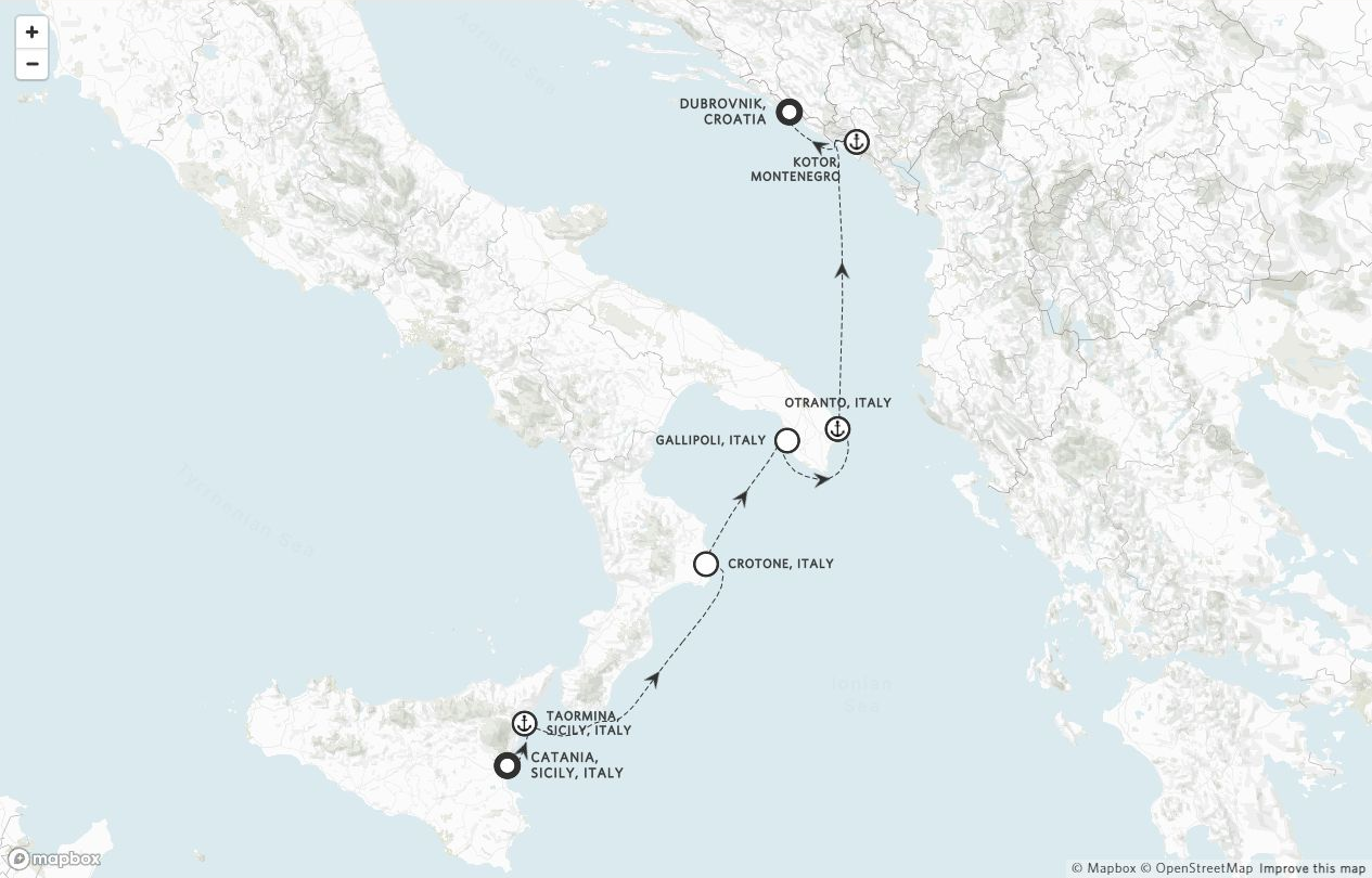 Amangati Voyage AG270722 itinerary route map from Catania, Sicily, Italy to Dubrovnik, Croatia
