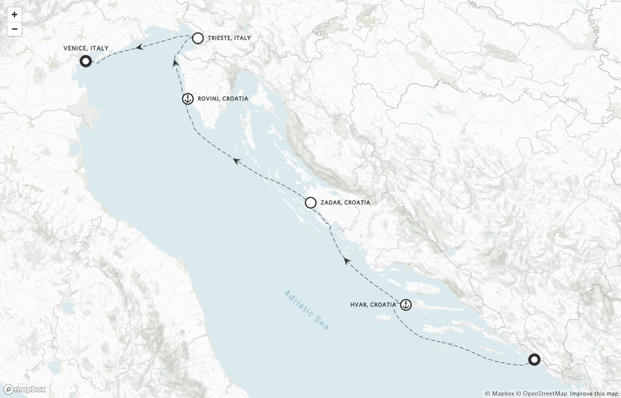 Amangati Voyage AG270729 itinerary route map from Dubrovnik, Croatia to Venice, Italy
