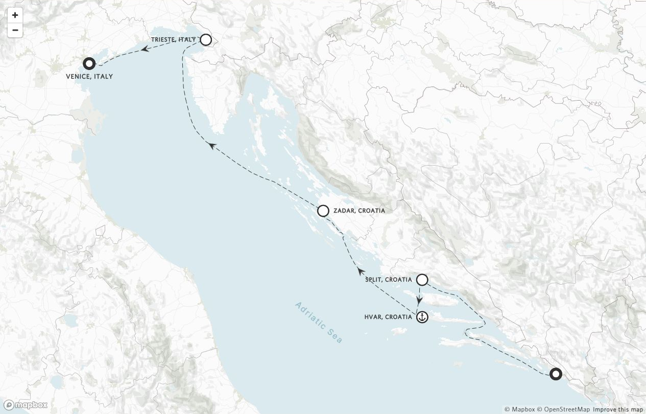 Amangati Voyage AG270810 itinerary route map from Dubrovnik, Croatia to Venice, Italy