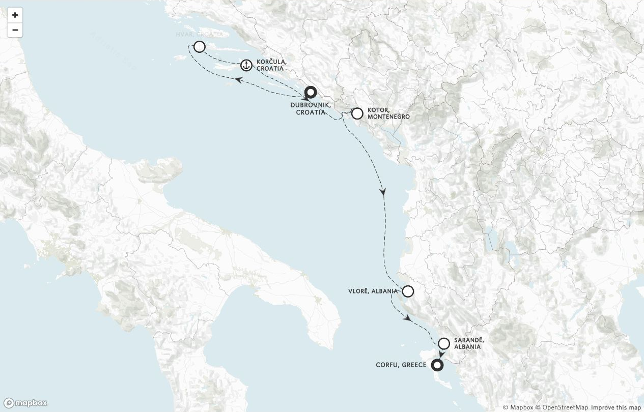 Amangati Voyage AG270822 itinerary route map from Dubrovnik, Croatia to Corfu, Greece