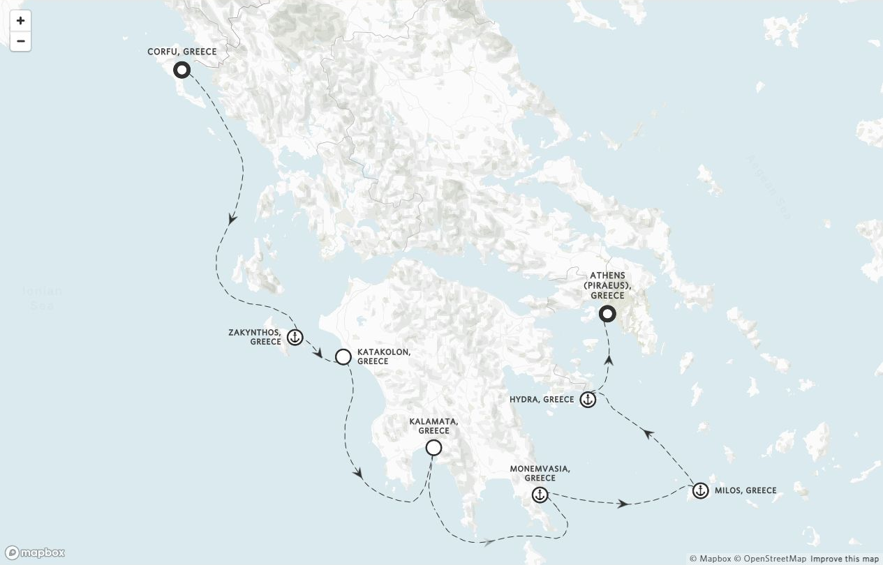 Amangati Voyage AG270829 itinerary route map from Corfu, Greece to Athens (Piraeus), Greece