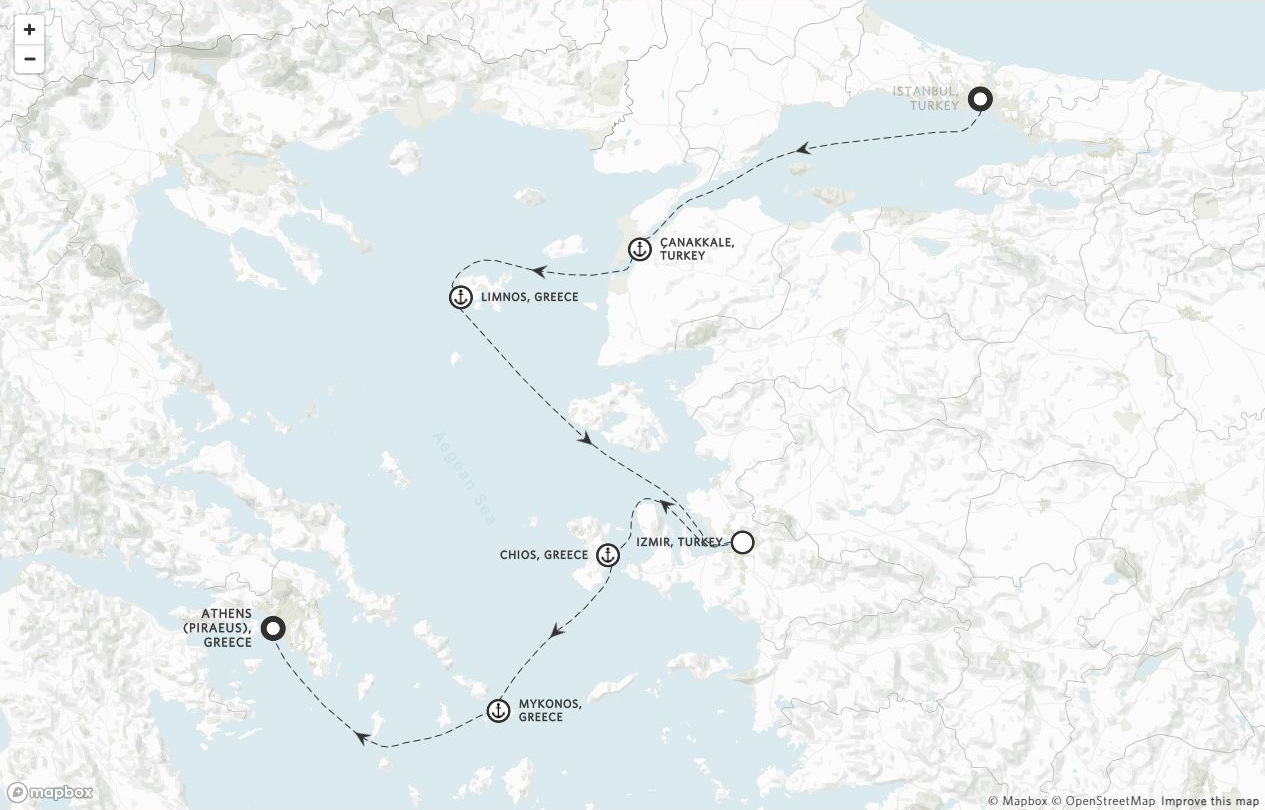Amangati Voyage AG271003 itinerary route map from Istanbul, Turkey to Athens (Piraeus), Greece