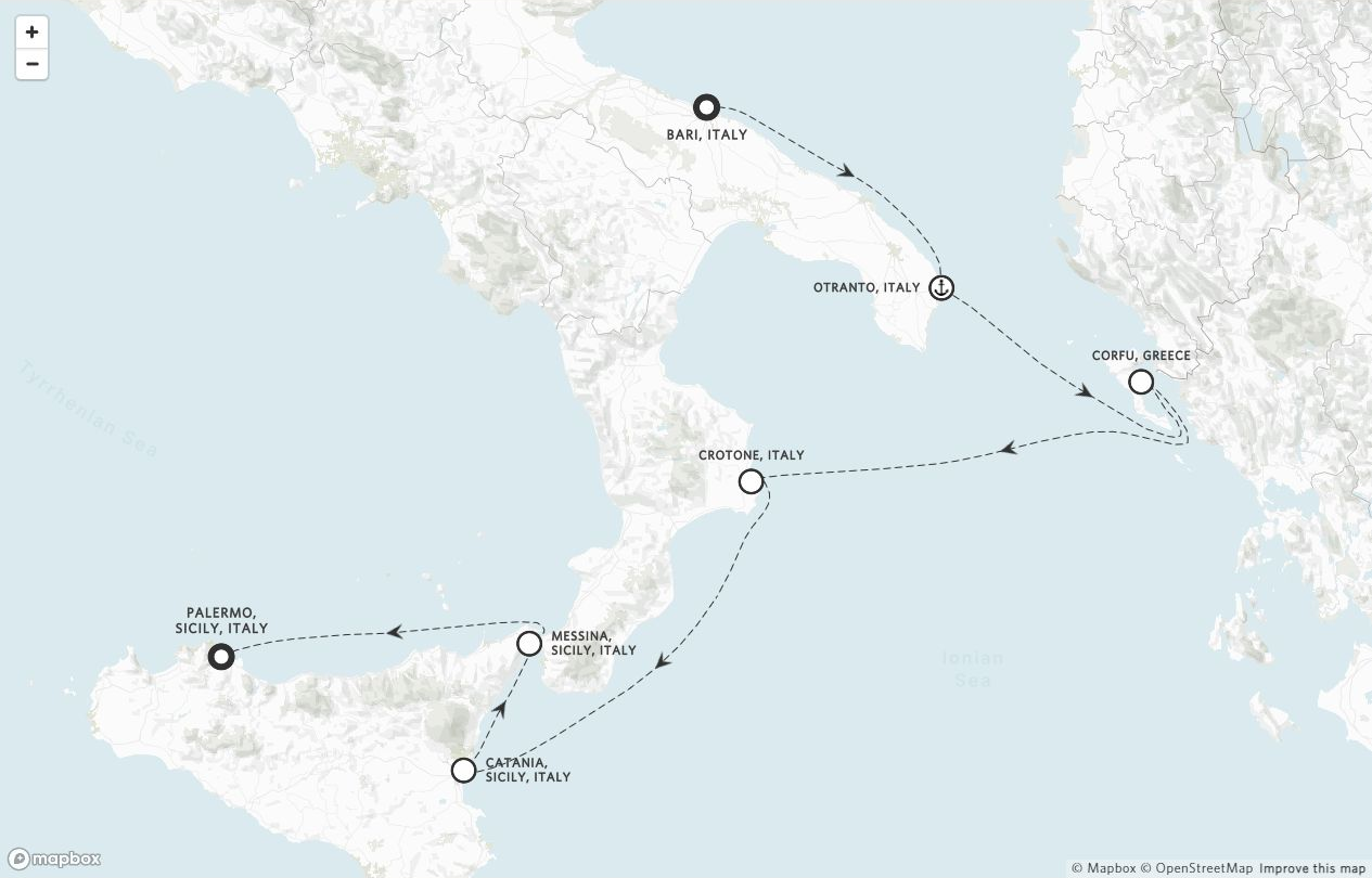Amangati Voyage AG271018 itinerary route map from Bari, Italy to Palermo, Sicily, Italy