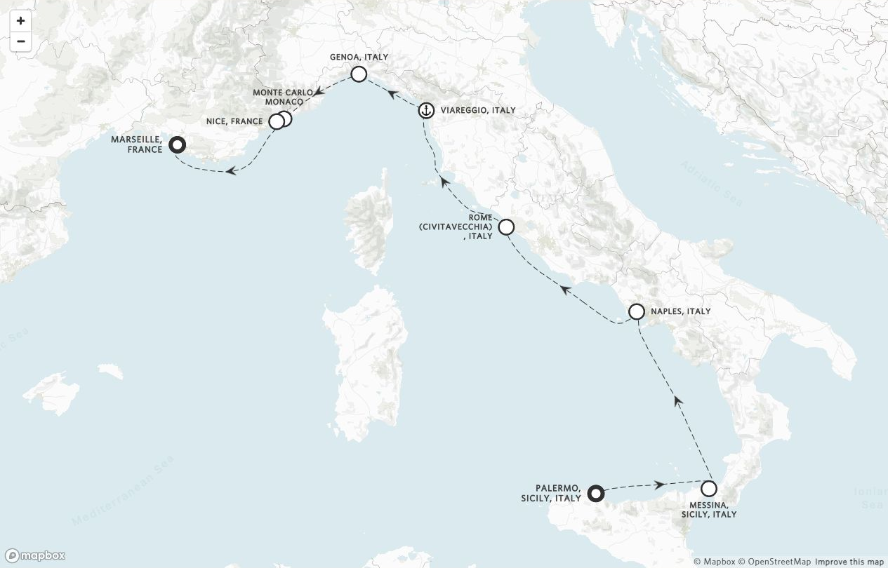 Amangati Voyage AG271024 itinerary route map from Palermo, Sicily, Italy to Marseille, France
