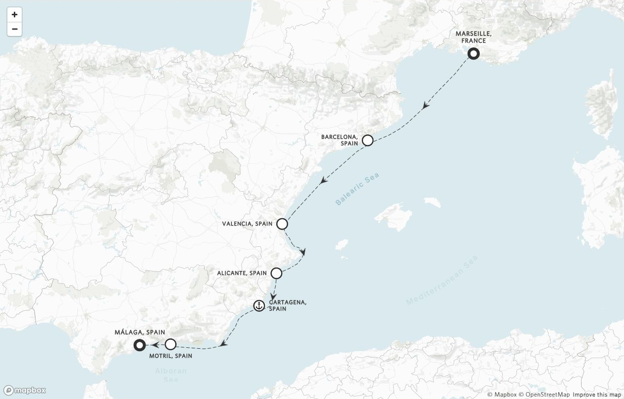 Amangati Voyage AG271101 itinerary route map from Marseille, France to Málaga, Spain