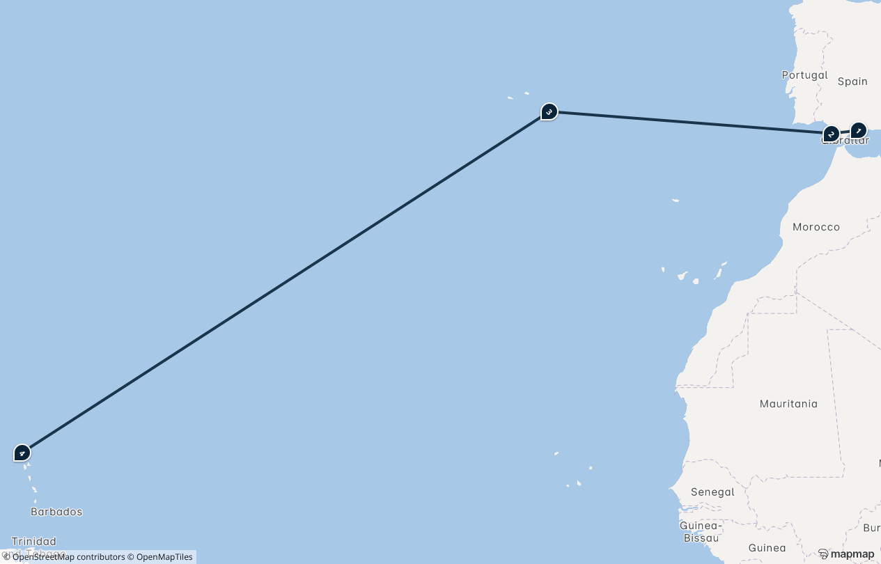 Amangati Voyage AG271108 itinerary route map from Málaga, Spain to Saint John's, Antigua and Barbuda