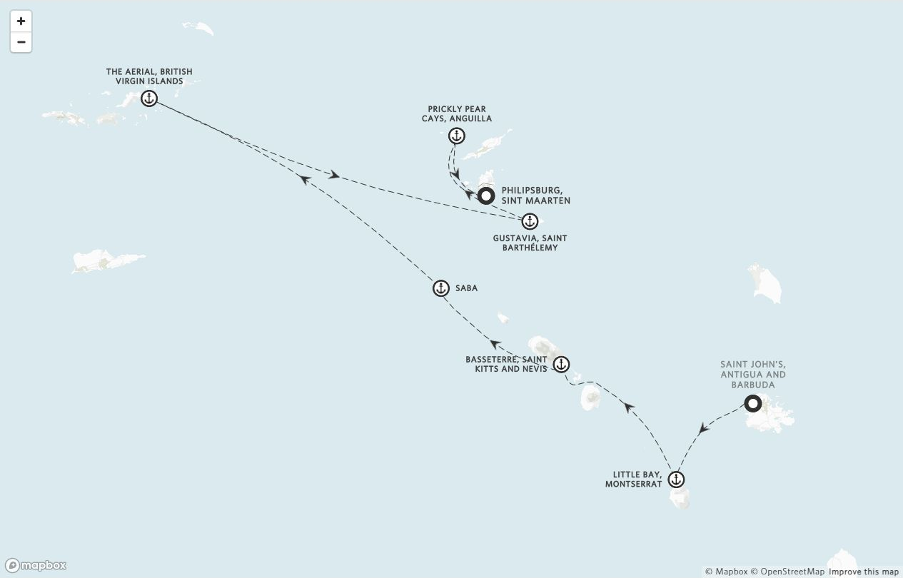 Amangati Voyage AG271128 itinerary route map from Saint John's, Antigua and Barbuda to Philipsburg, Sint Maarten