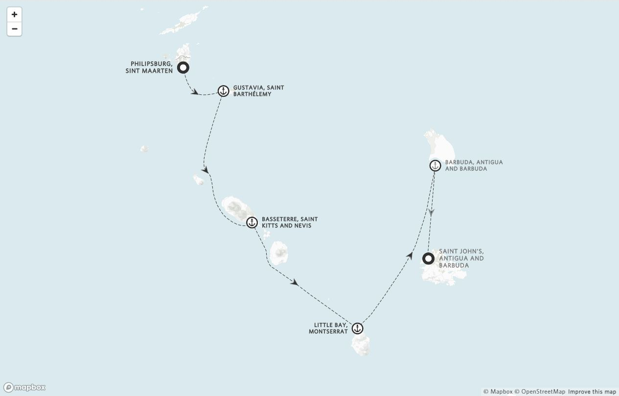 Amangati Voyage AG271205 itinerary route map from Philipsburg, Sint Maarten to Saint John's, Antigua and Barbuda